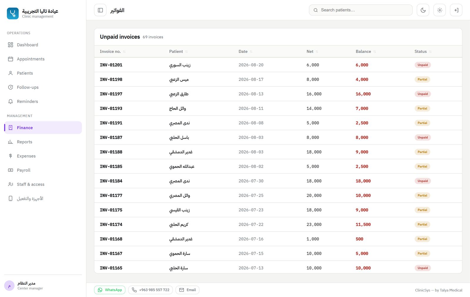 Unsettled invoices ordered by date — net, outstanding and status for each.
