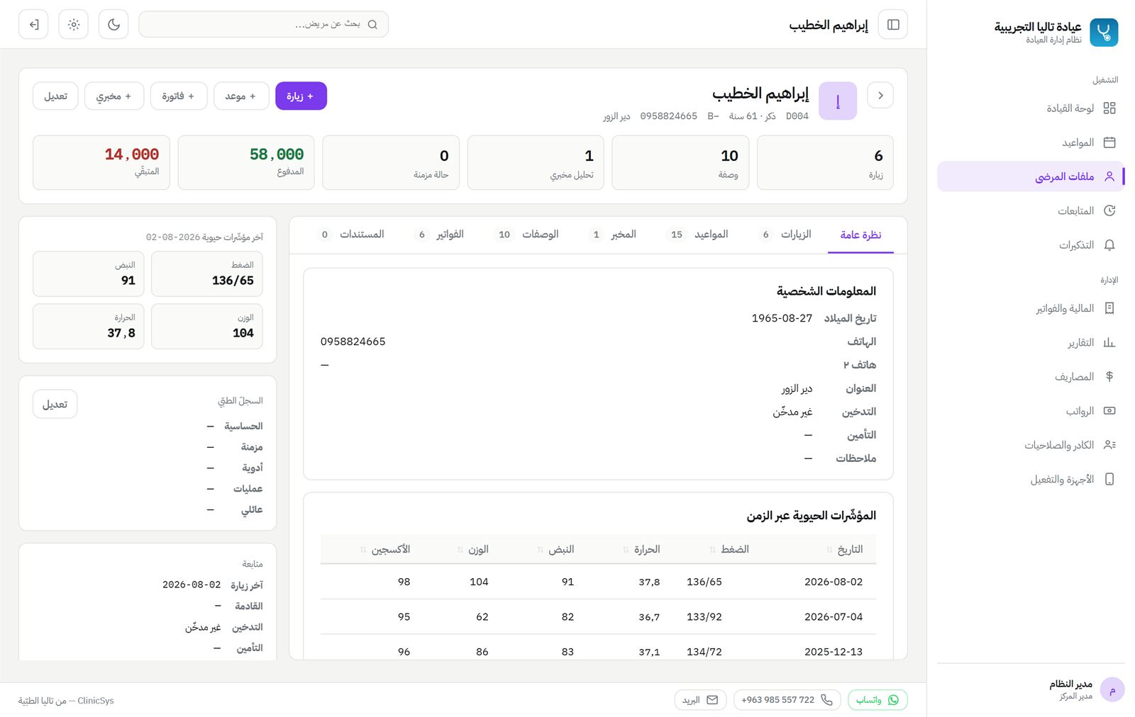 الملف الكامل بتبويباته: زيارات ووصفات ومخبر وفواتير ومستندات، مع العلامات الحيوية عبر الزمن والسجلّ الطبّي.